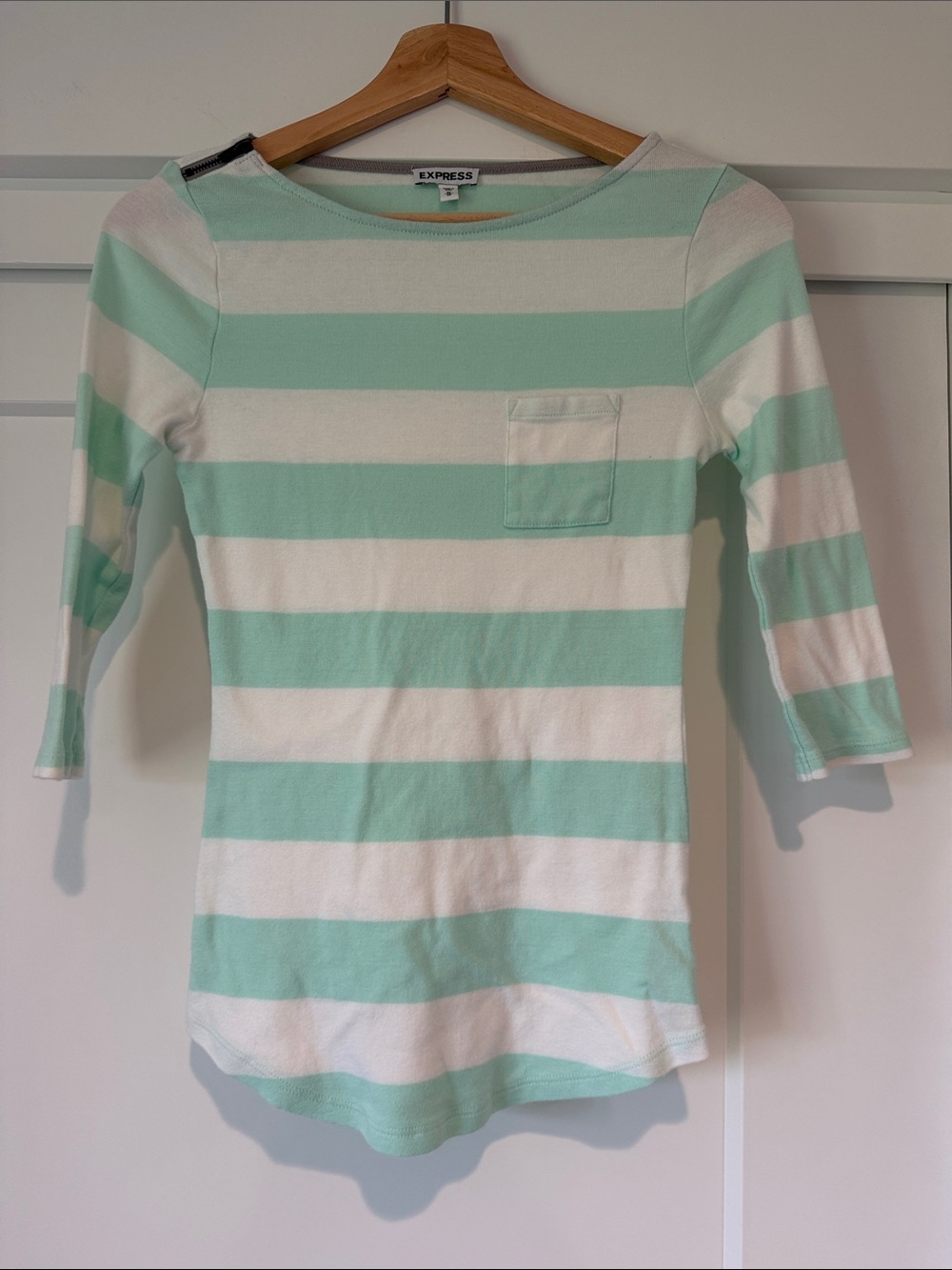 Express Mint Green and White Striped Long Sleeve Tee
